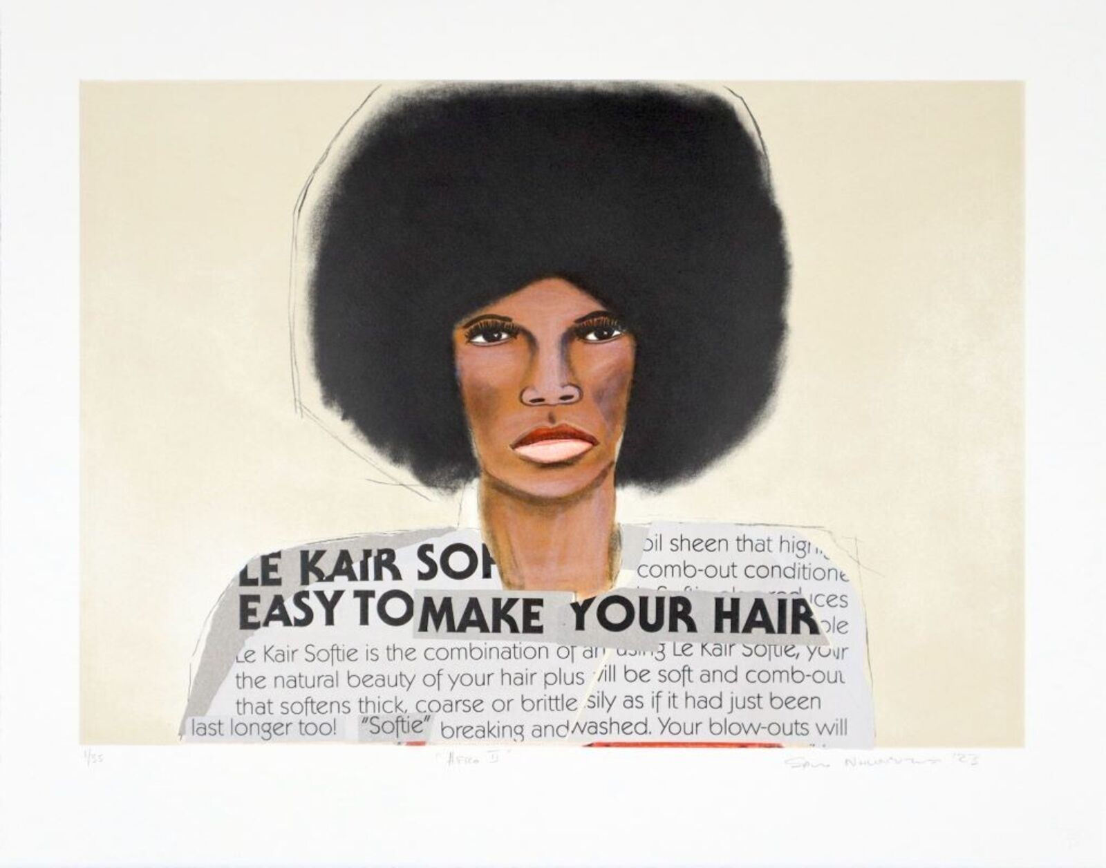 A painting of a woman with an afro on her head.
