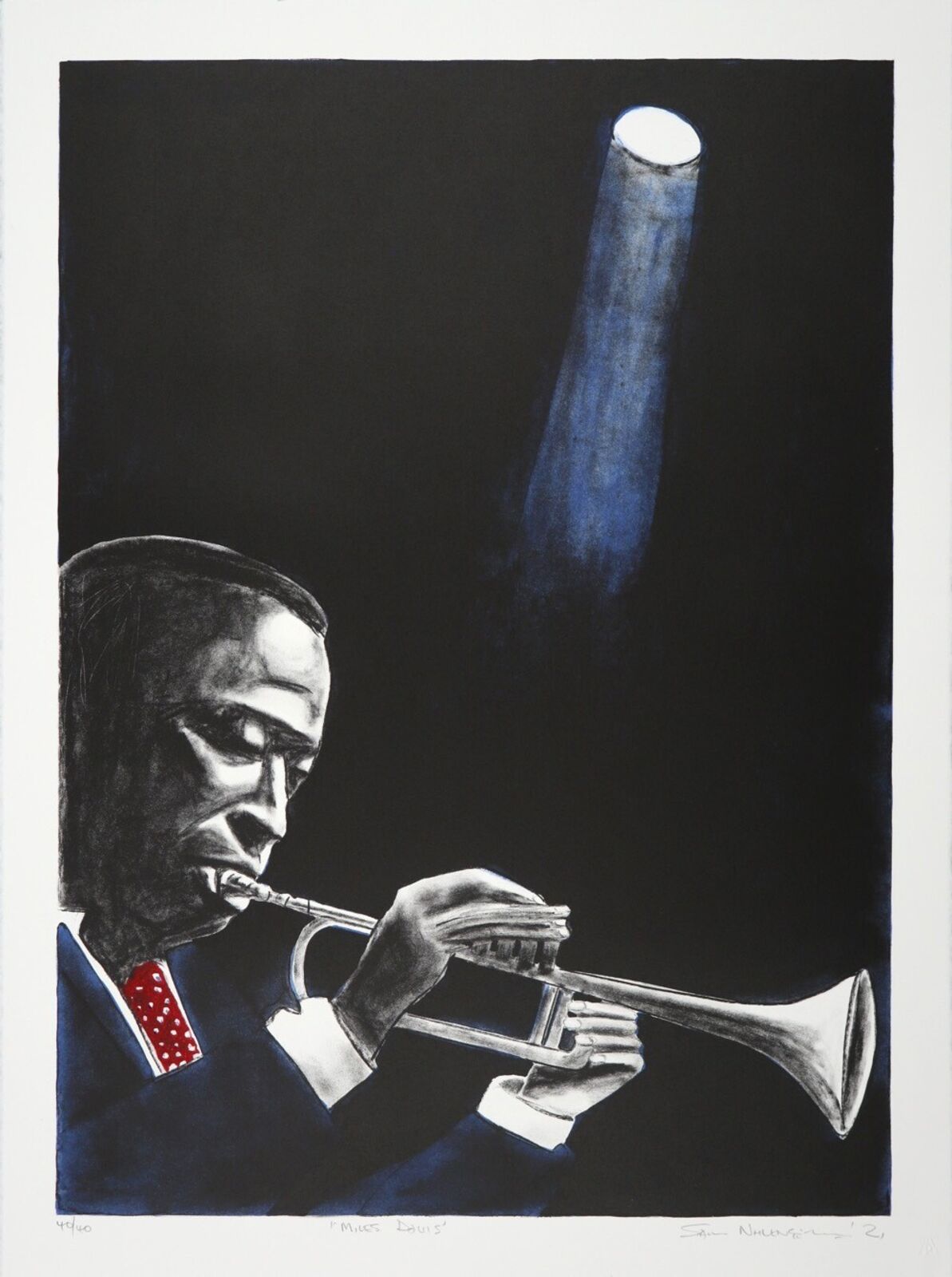A black and white drawing of a man playing a trumpet.