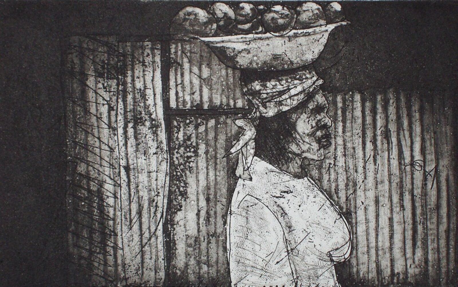 A black and white drawing of a woman carrying a bowl of fruit on her head.