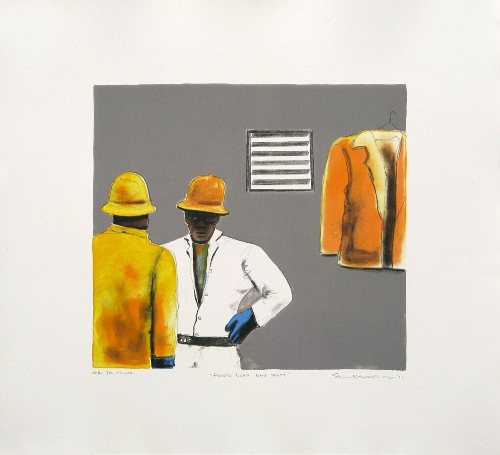A painting of two men wearing yellow hard hats in a room.