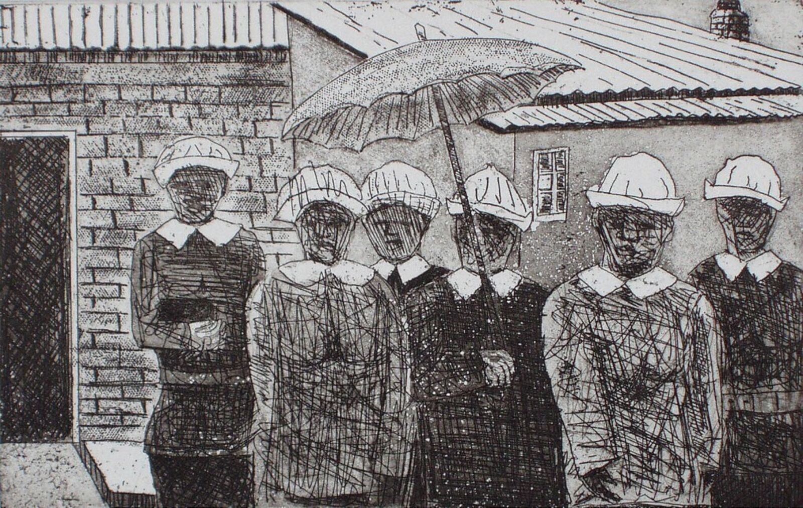 A black and white drawing of a group of people standing in front of a building.