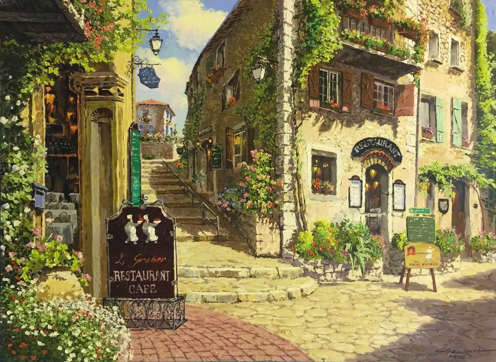 A painting of a street scene in a small town.