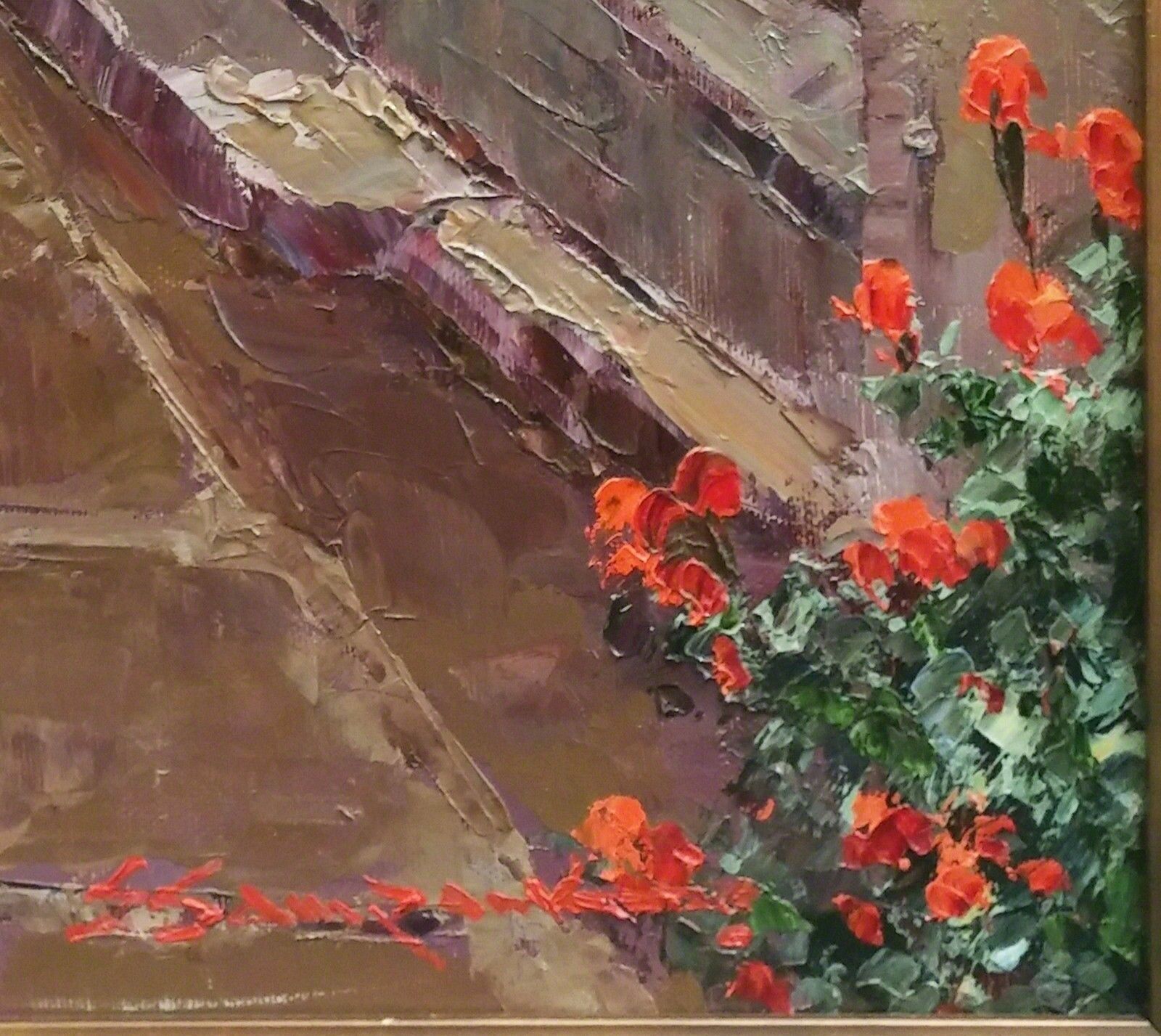 A painting of a street scene in a small town.