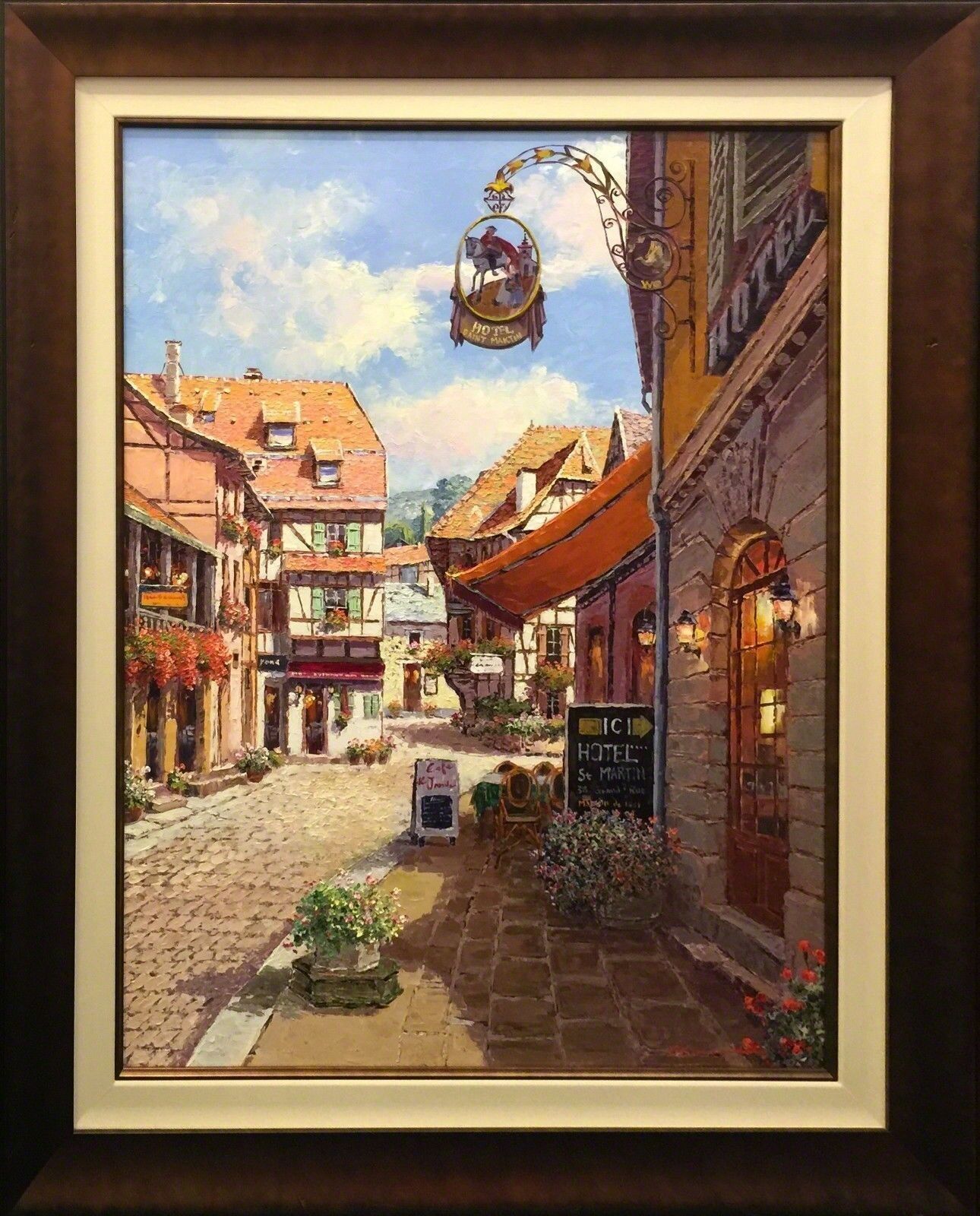 A painting of a street scene in a small town.