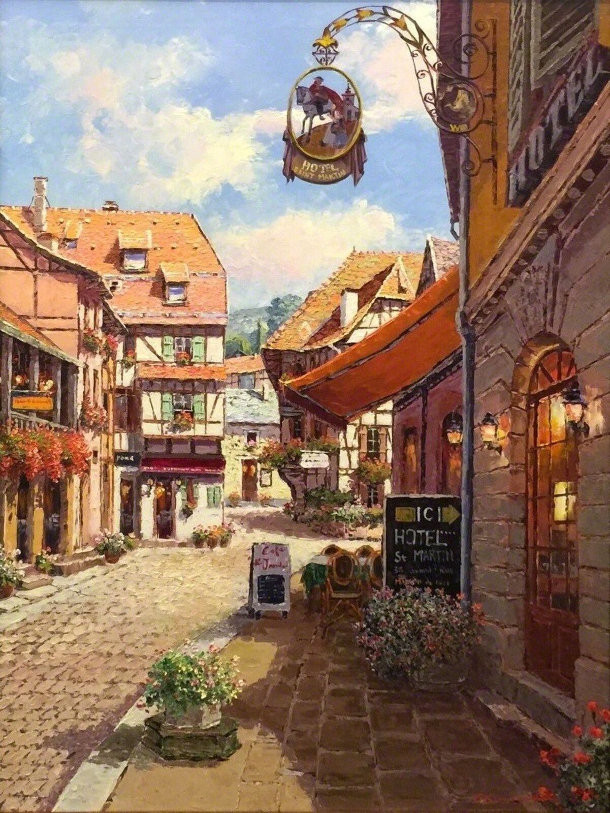 A painting of a street scene in a small town.