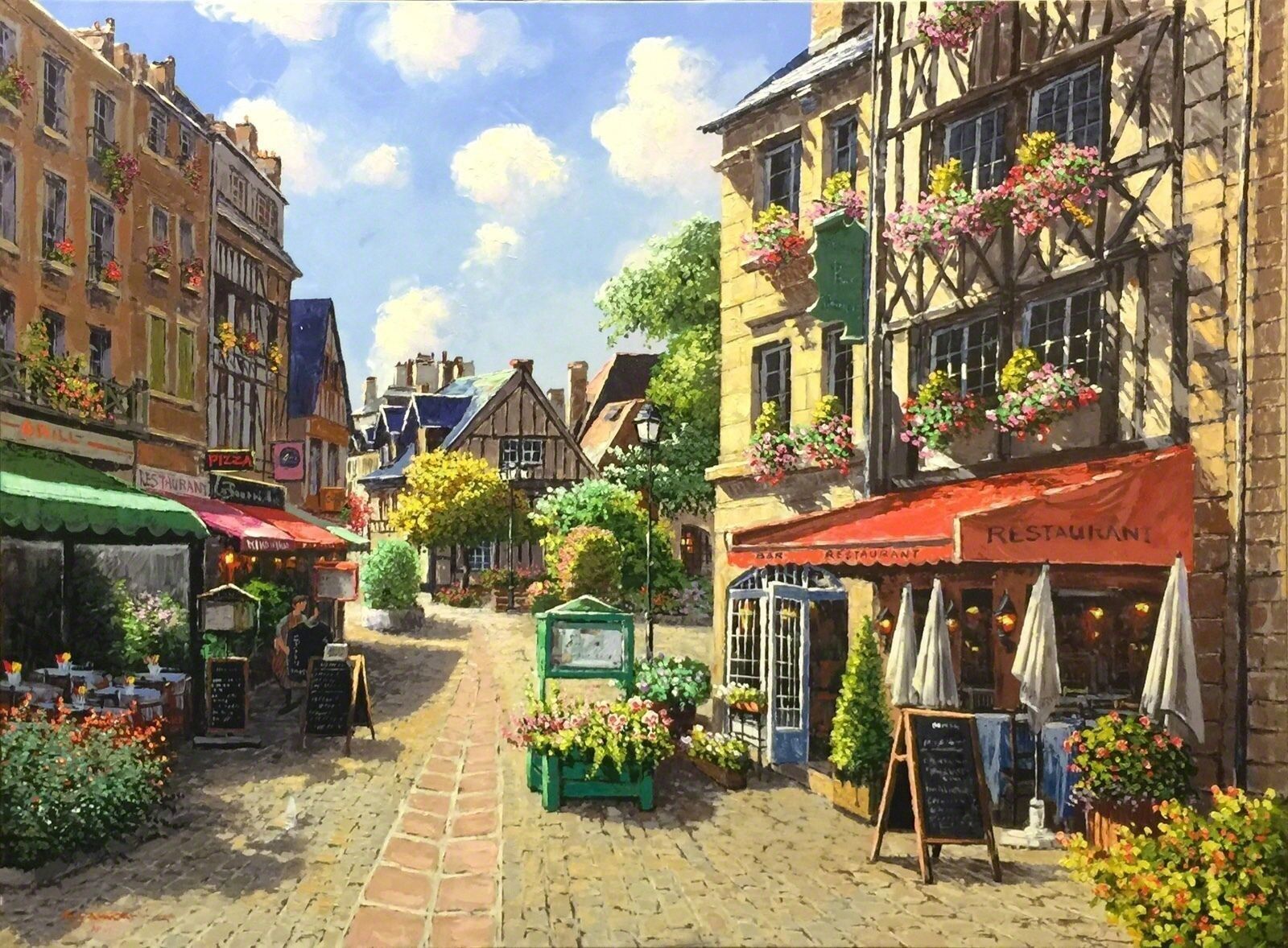 A painting of a street scene in a small town.