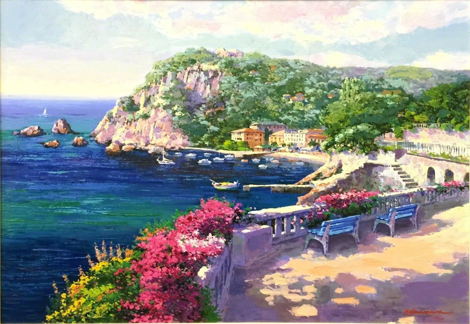 A painting of a view of a beach with flowers and boats.