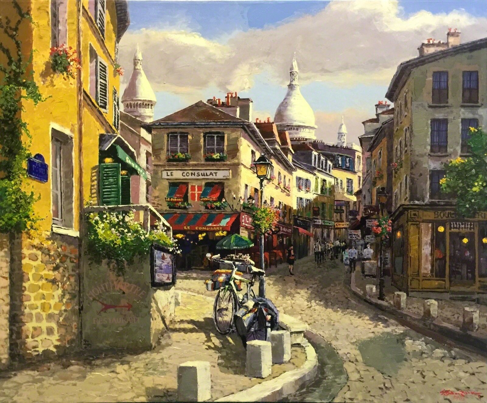A painting of a street scene with a bicycle parked on the side of the road.