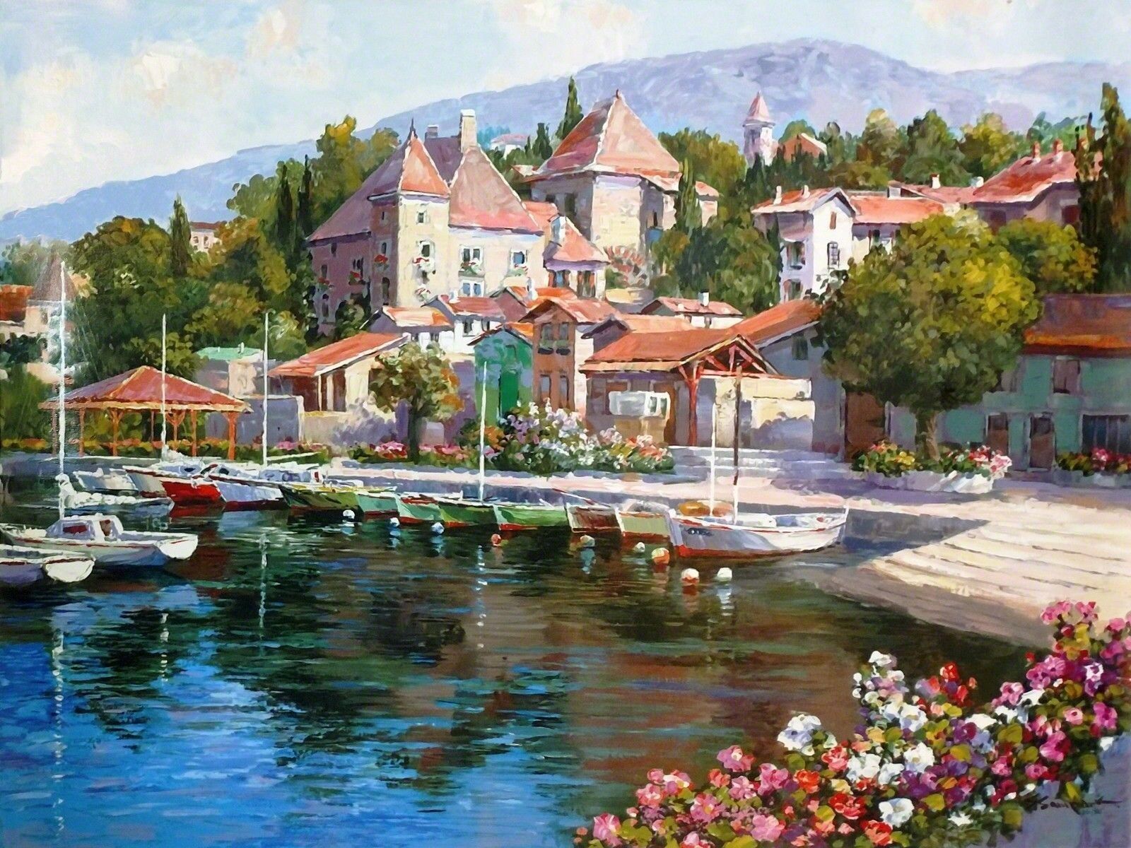 A painting of boats docked in a harbor with flowers in the foreground.