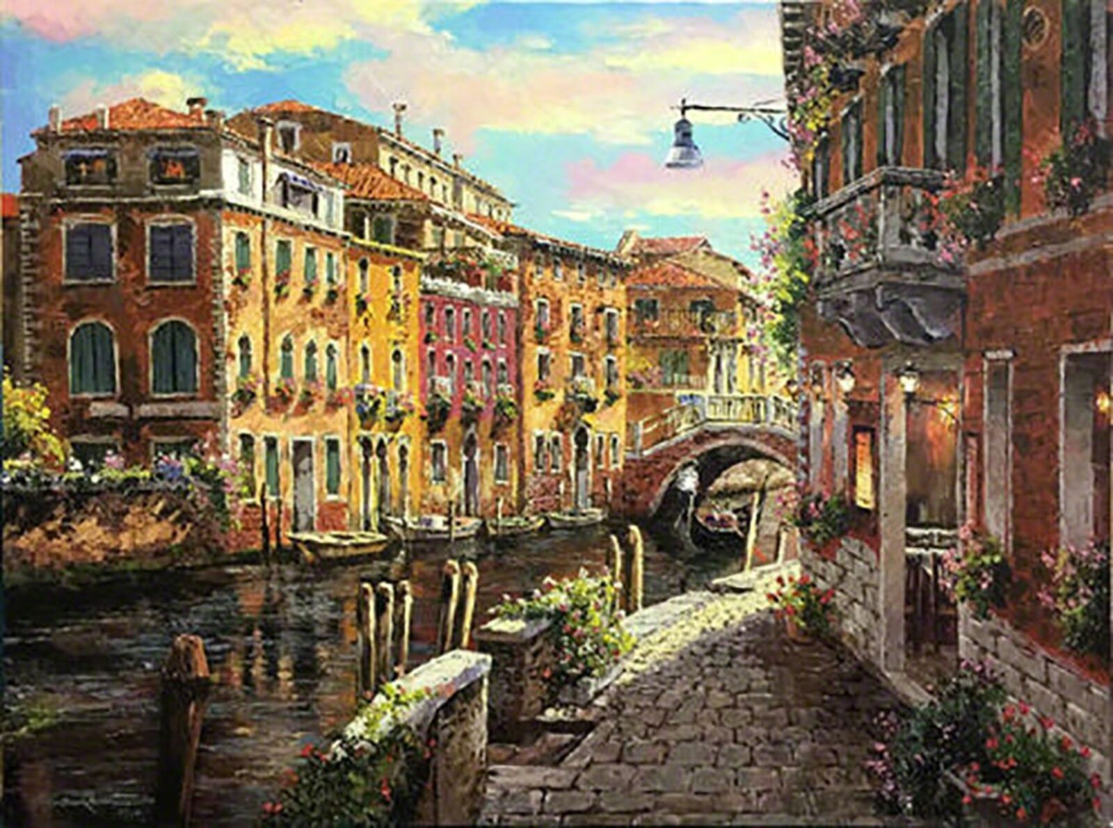 A painting of a canal in a small town.