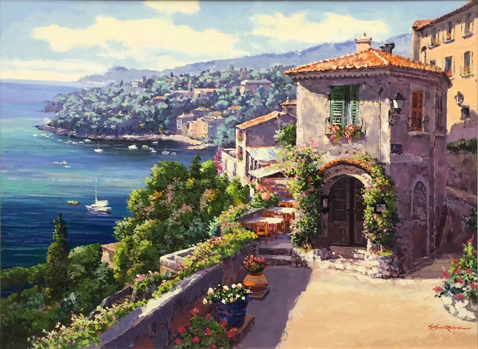 A painting of a view of a small town by the ocean.