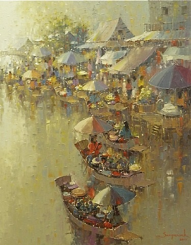 A painting of a busy street scene with boats and umbrellas.