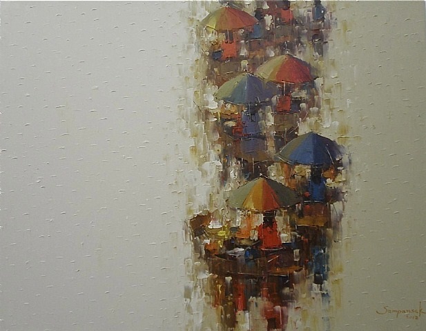 A painting of people with umbrellas in the rain. 