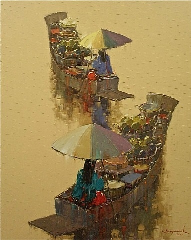 A painting of a boat filled with lots of people and umbrellas.