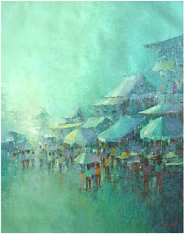 A painting of people walking in the rain with umbrellas.