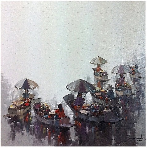 A painting of boats with umbrellas on a rainy day. 