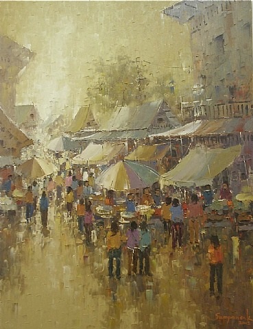 A painting of people walking down a street in the rain.