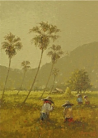 A painting of a group of people in a field.