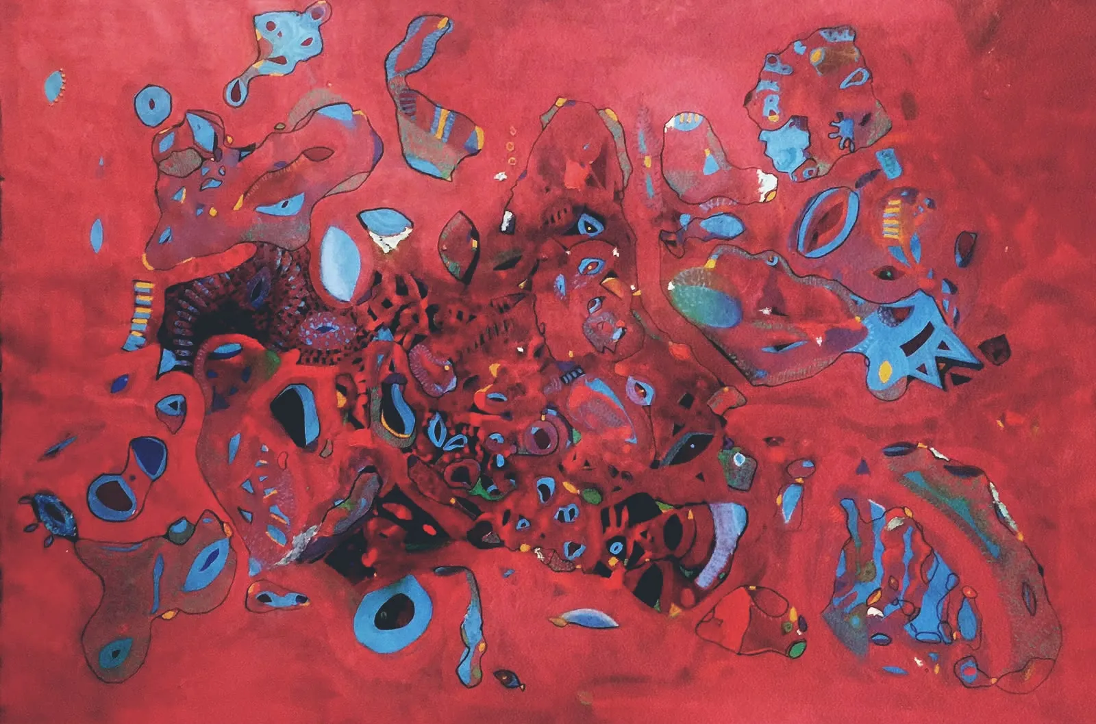 A chaotic abstract composition of organic shapes exploding against a vibrant red background.