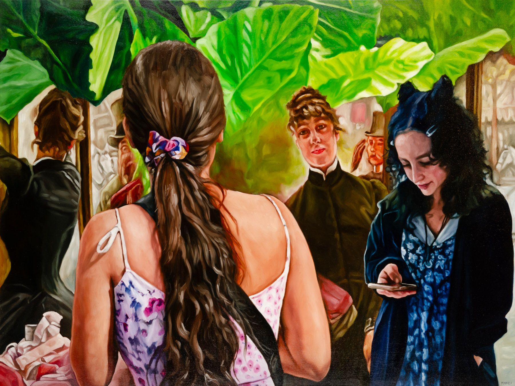 A painting of two women looking at a cell phone.