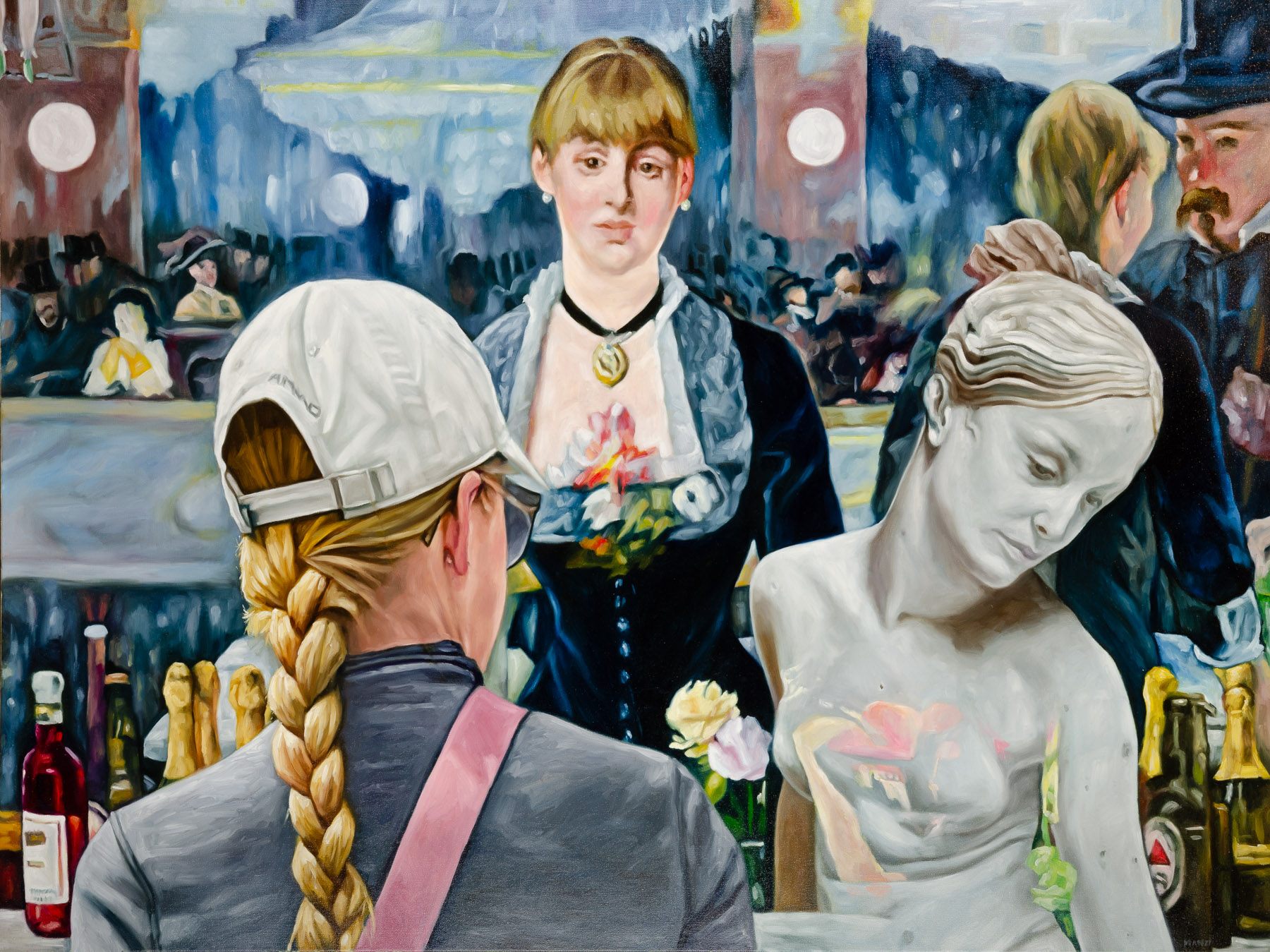 A painting of a group of people at a bar.