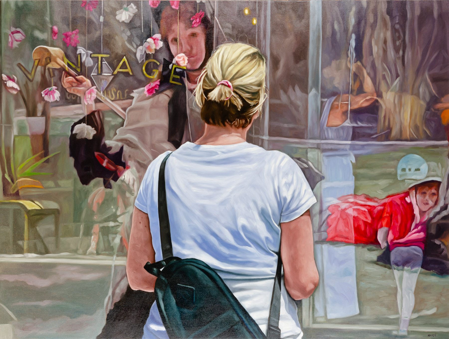 A painting of a woman looking at a store window.