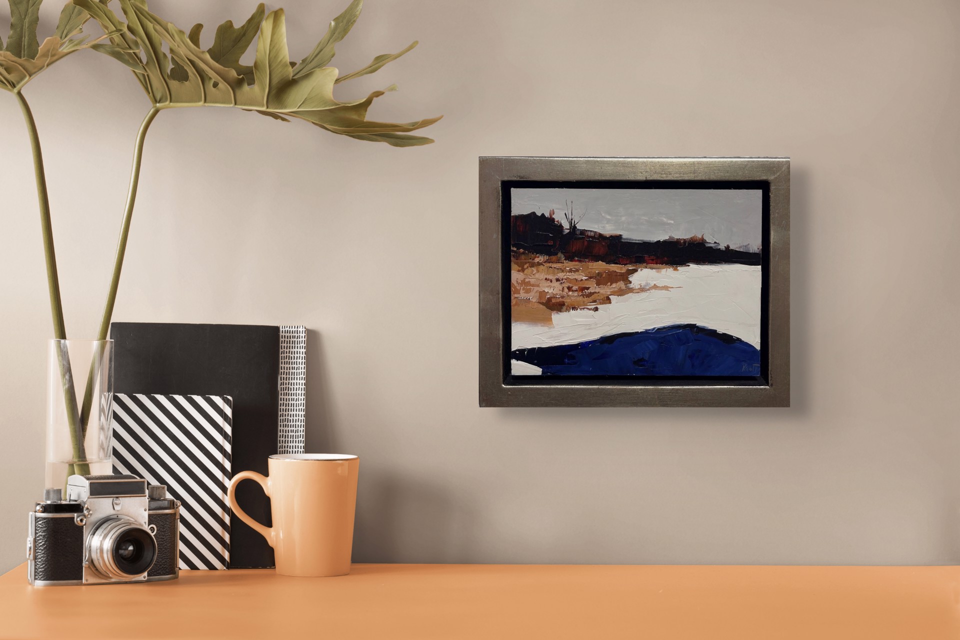 A painting of a landscape with a blue and brown color palette.