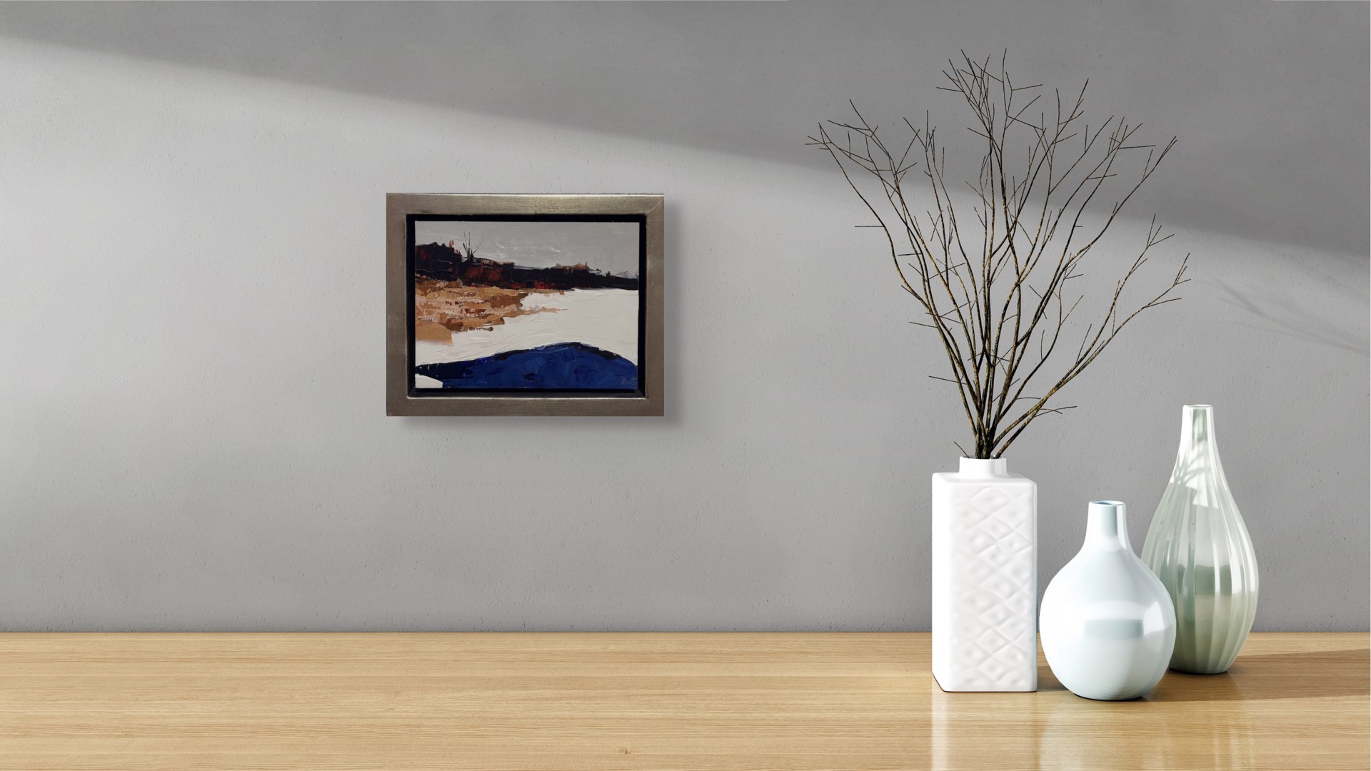 A painting of a landscape with a blue and brown color palette.
