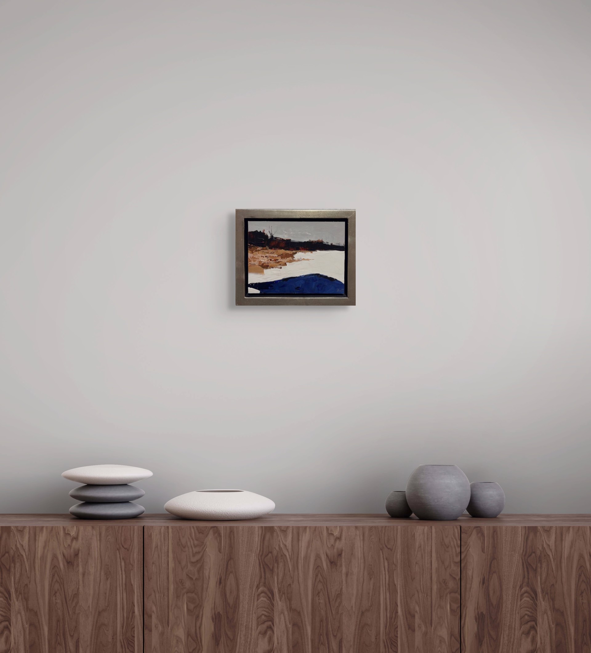 A painting of a landscape with a blue and brown color palette.