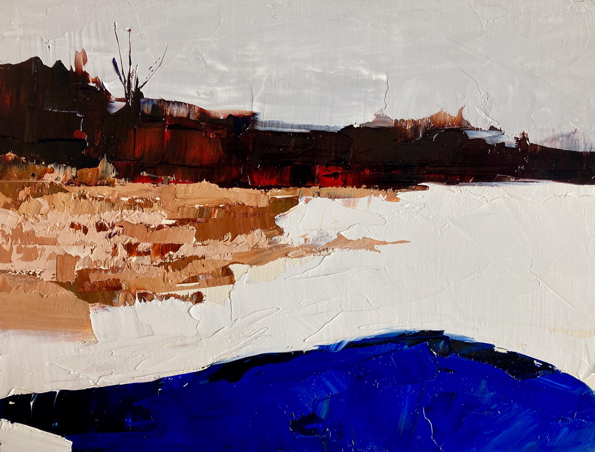A painting of a landscape with a blue and brown color palette.