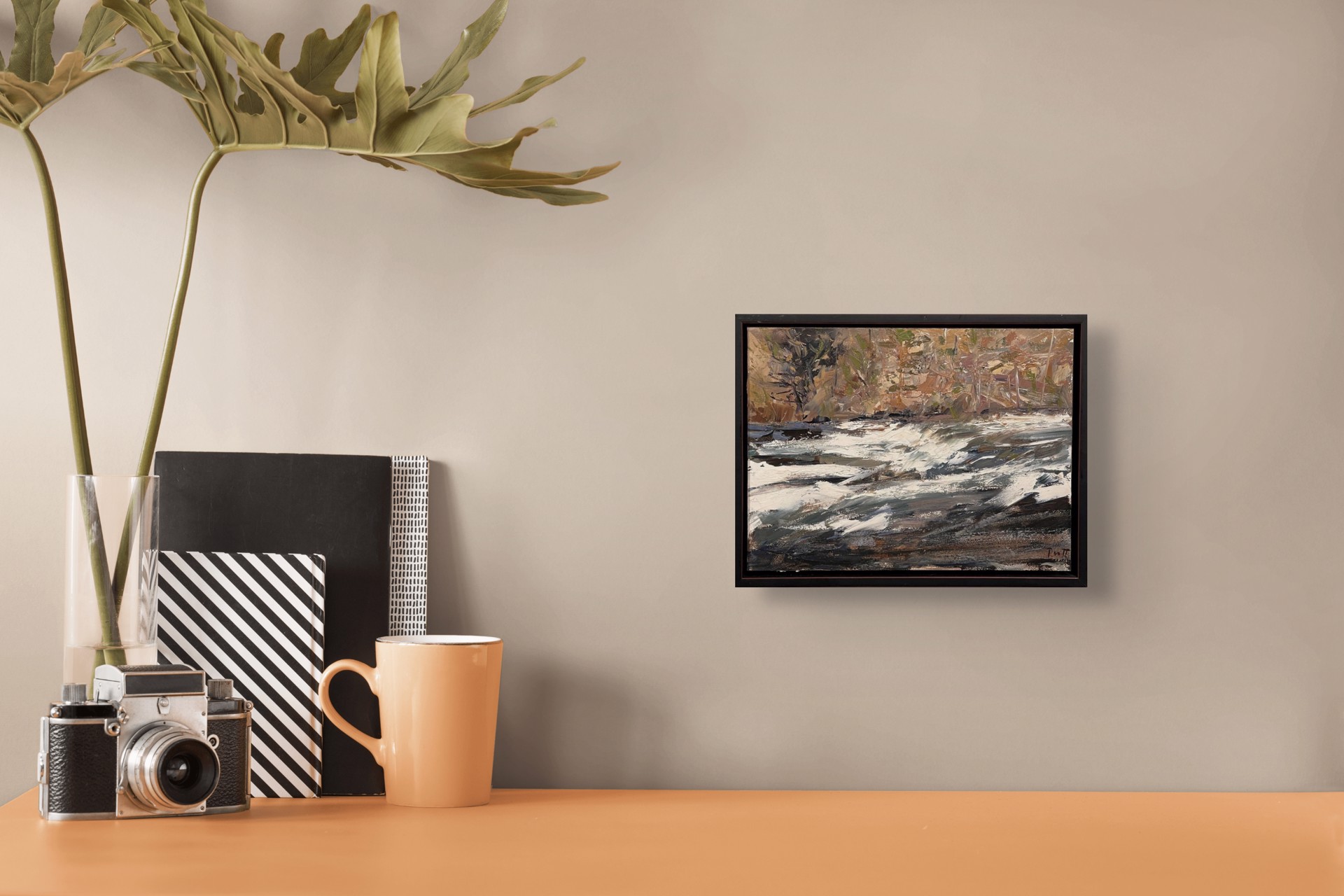 A textured landscape painting of a rushing river with snow-covered banks and trees in the background.