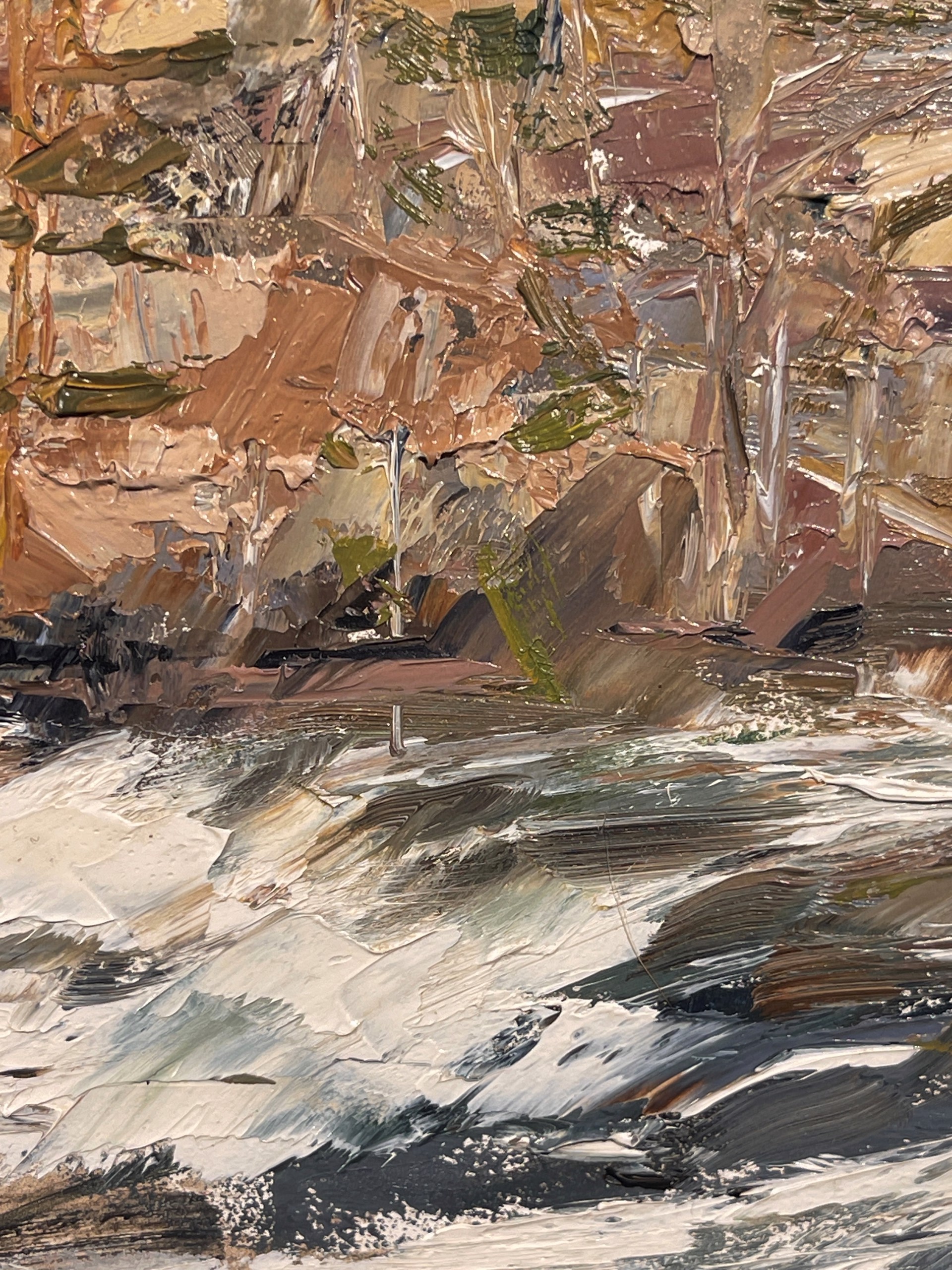 A textured landscape painting of a rushing river with snow-covered banks and trees in the background.