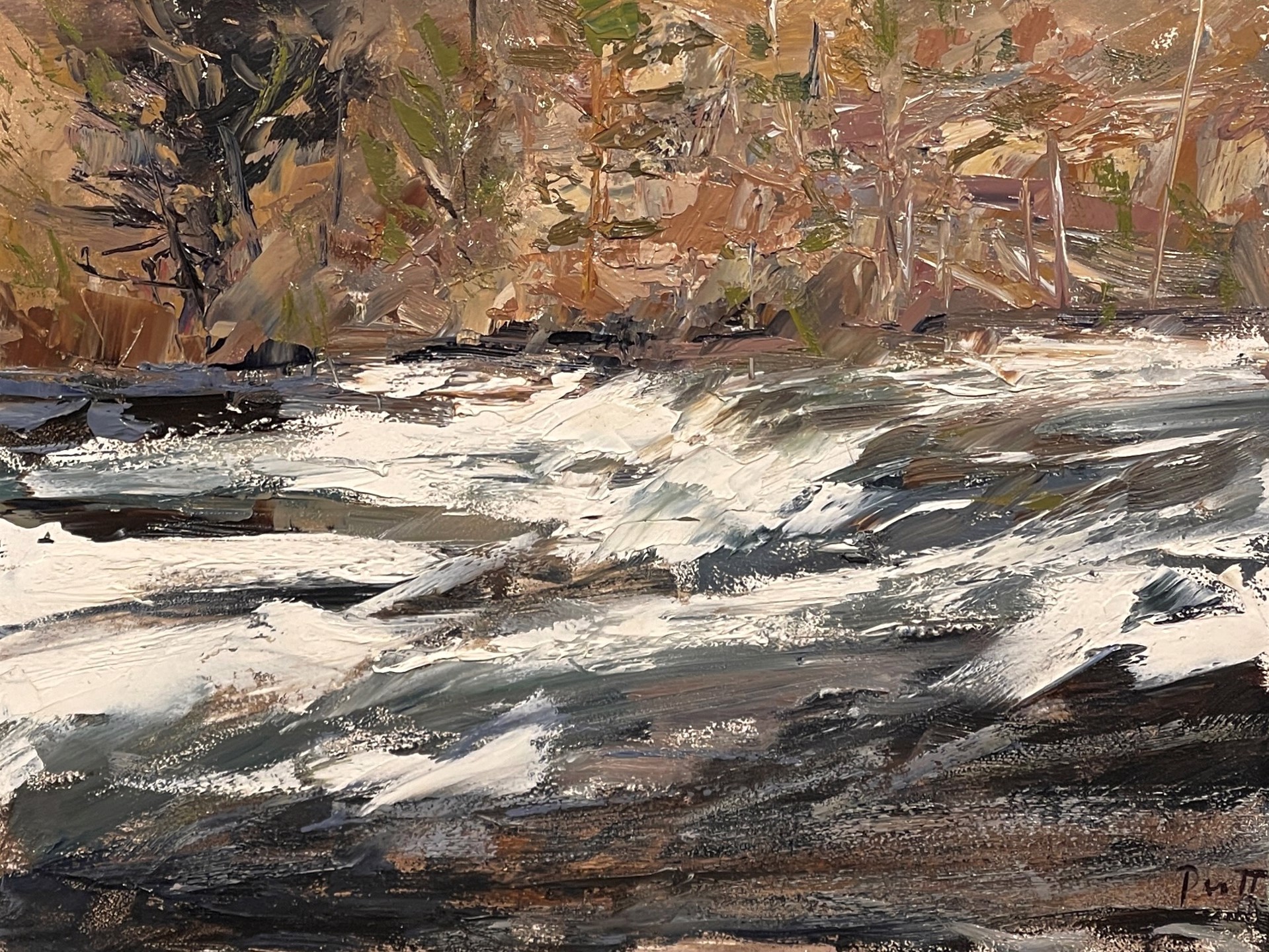 A textured landscape painting of a rushing river with snow-covered banks and trees in the background.