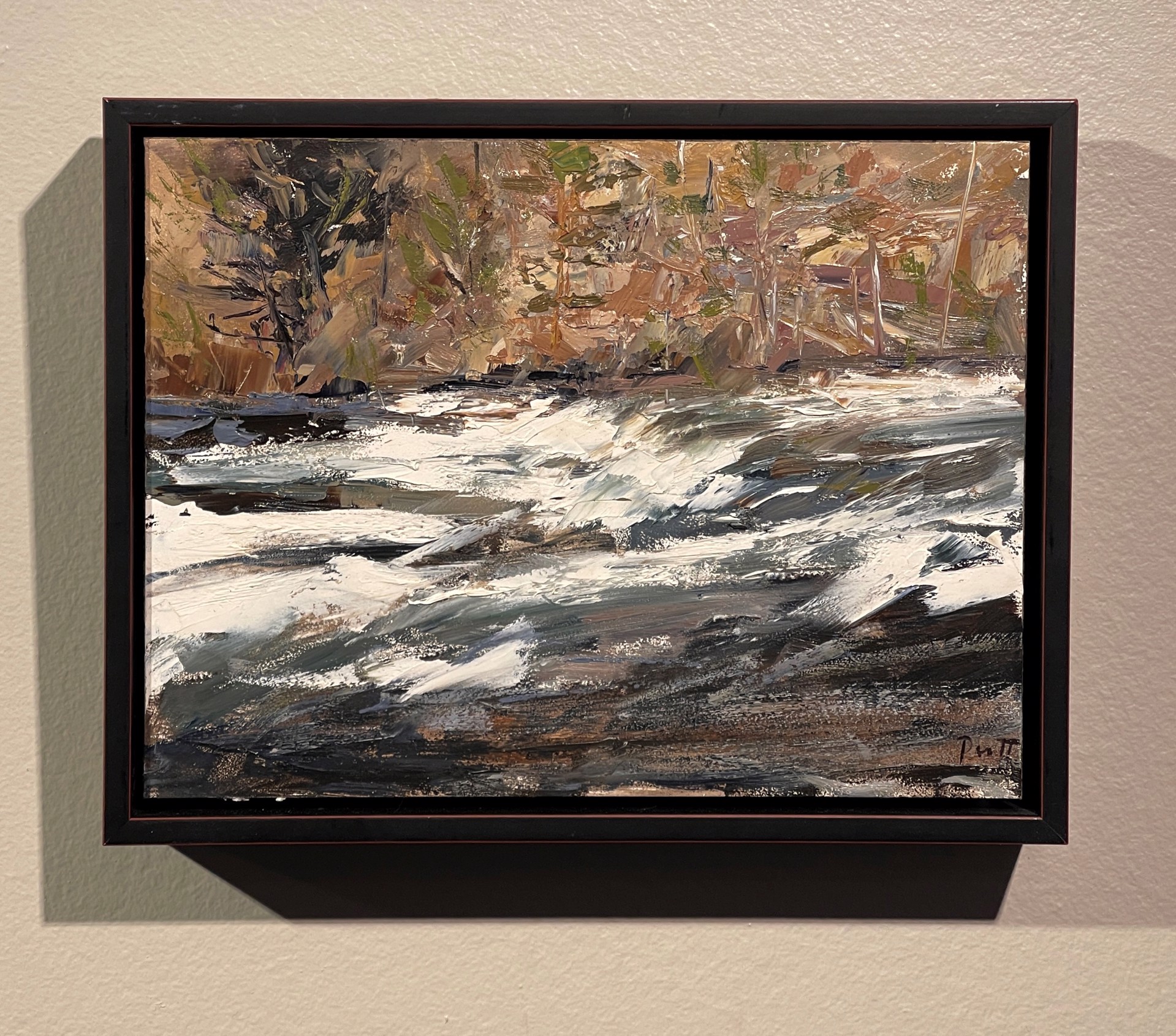 A textured landscape painting of a rushing river with snow-covered banks and trees in the background.