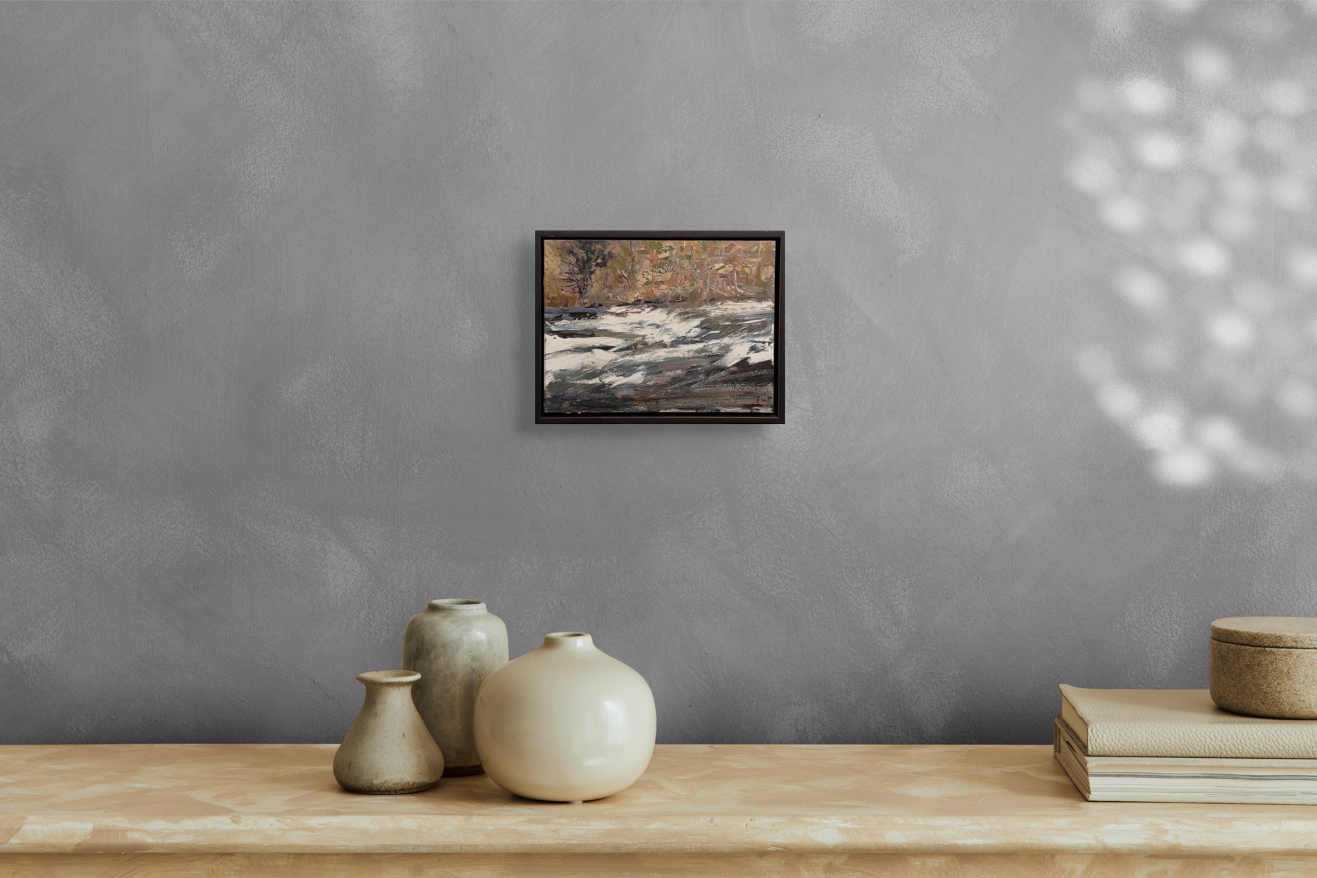 A textured landscape painting of a rushing river with snow-covered banks and trees in the background.