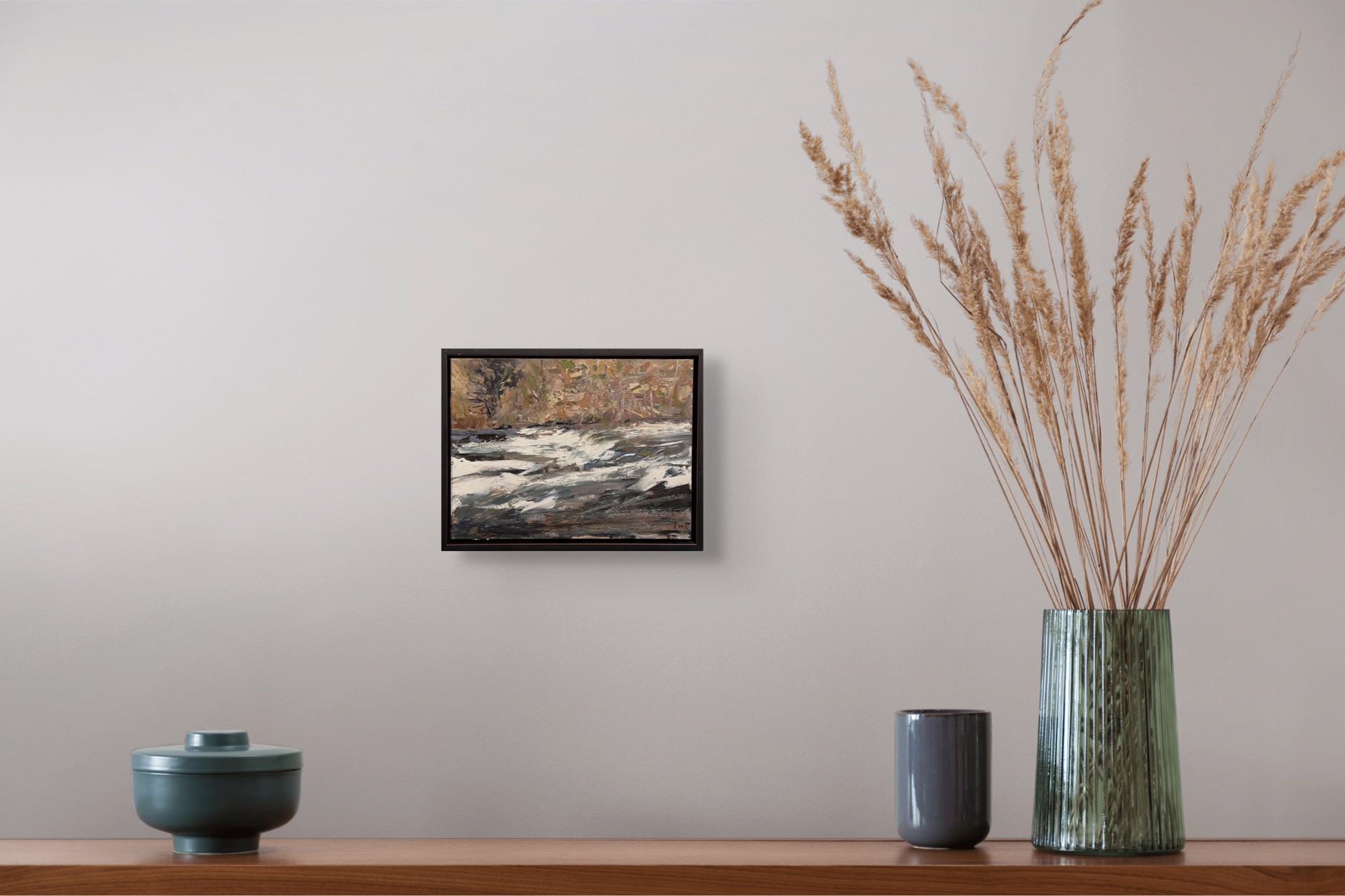 A textured landscape painting of a rushing river with snow-covered banks and trees in the background.