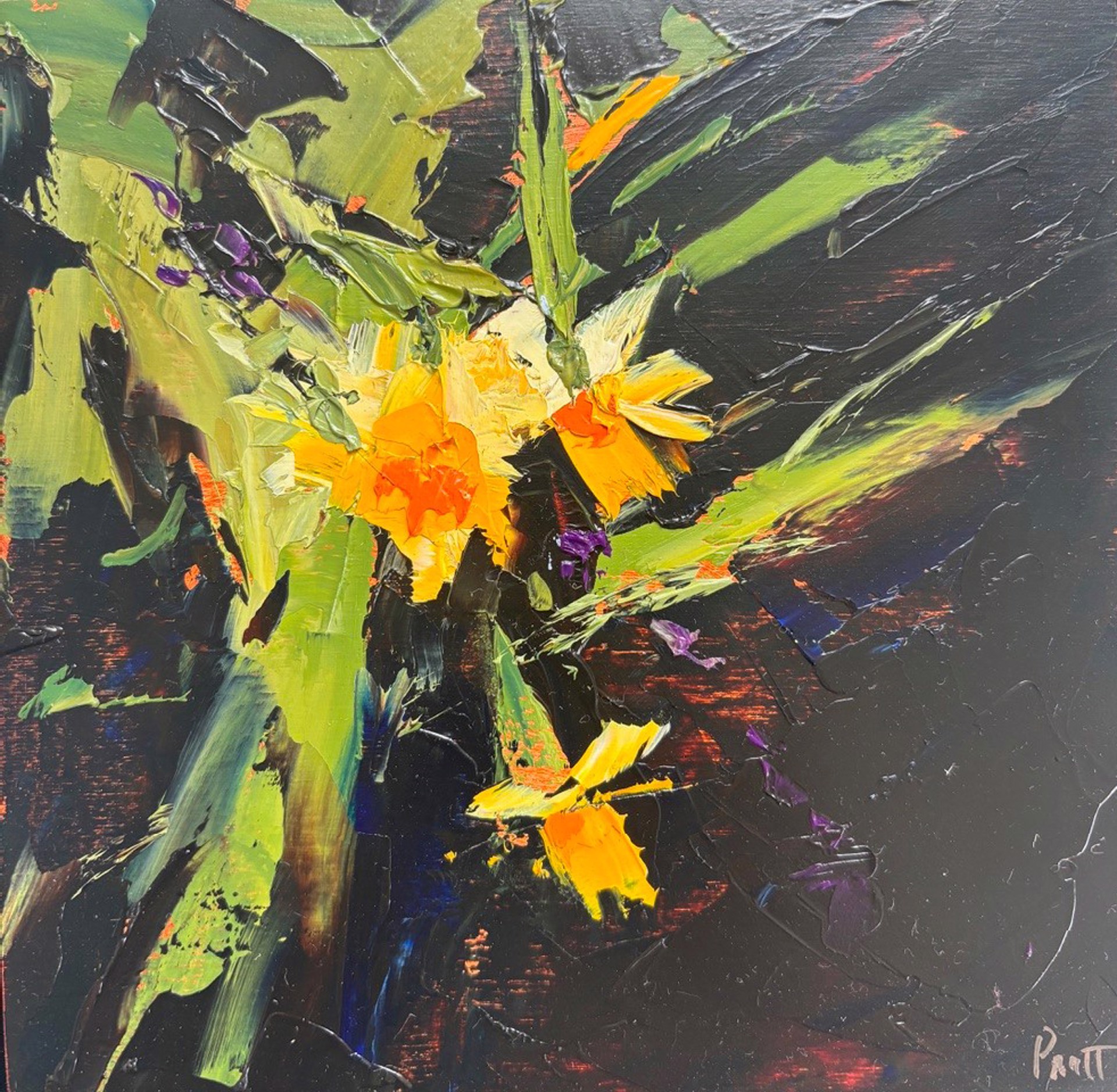 A painting of yellow flowers in a vase on a black background.
