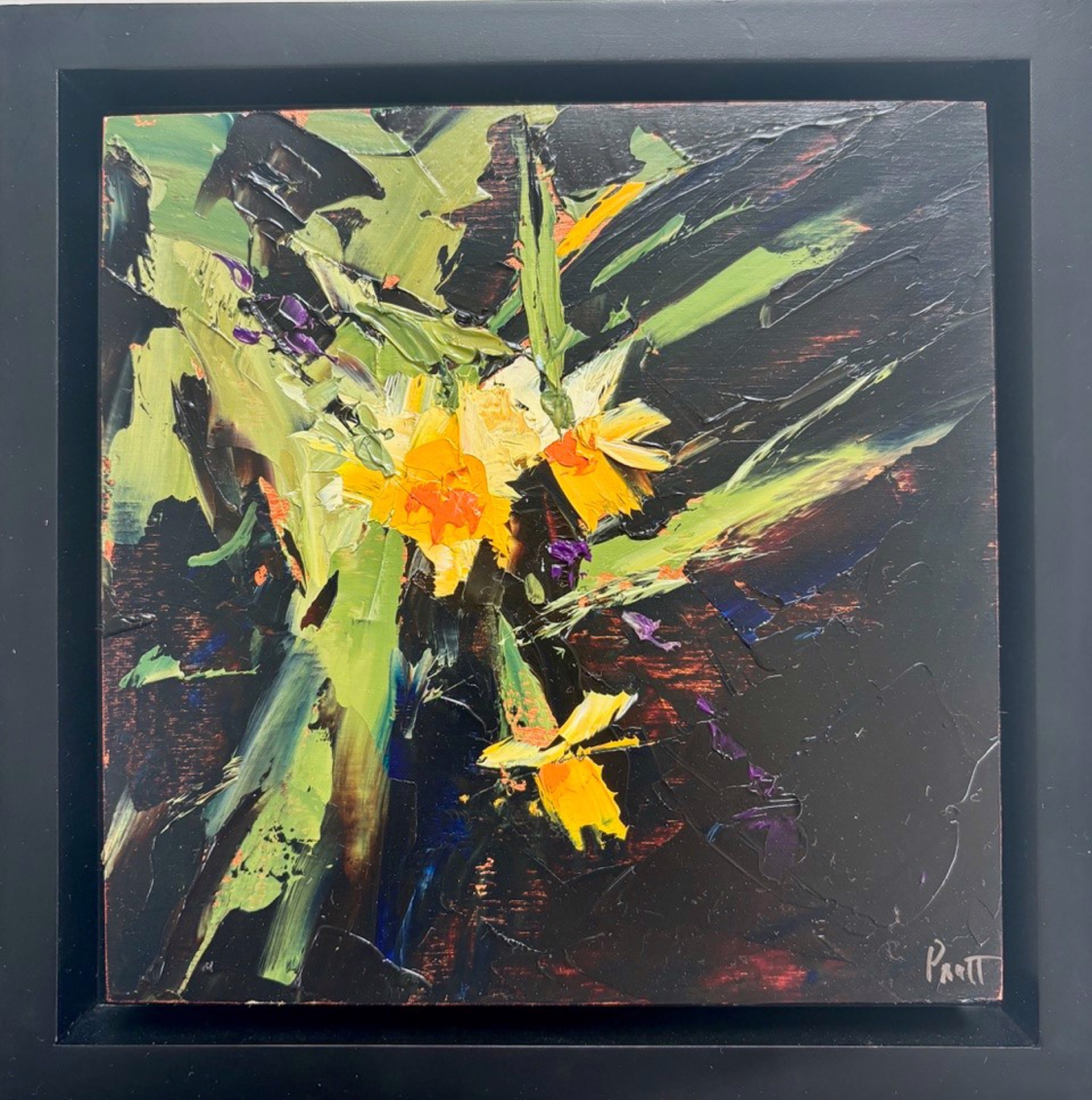 A painting of yellow flowers in a vase on a black background.