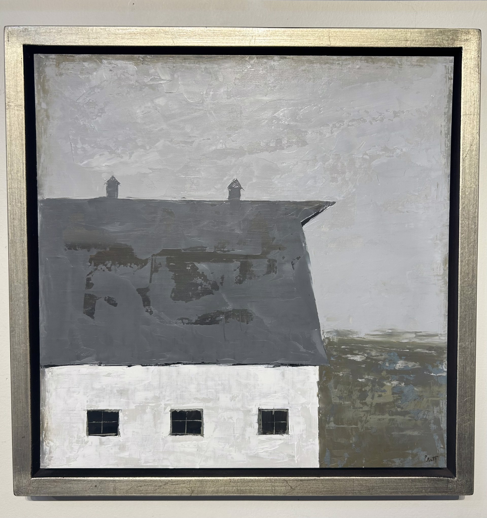 A painting of a white house with a black roof.