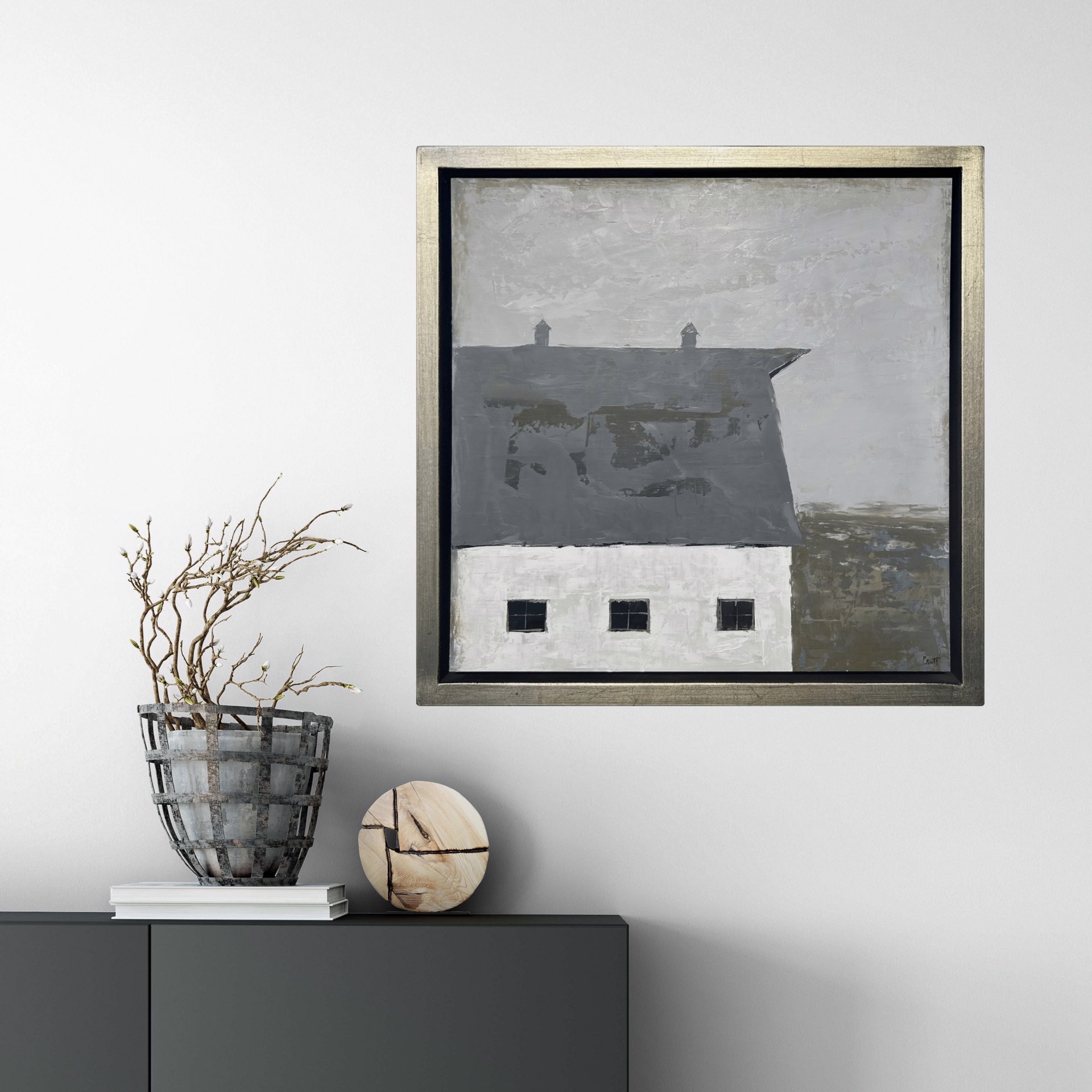 A painting of a white house with a black roof.