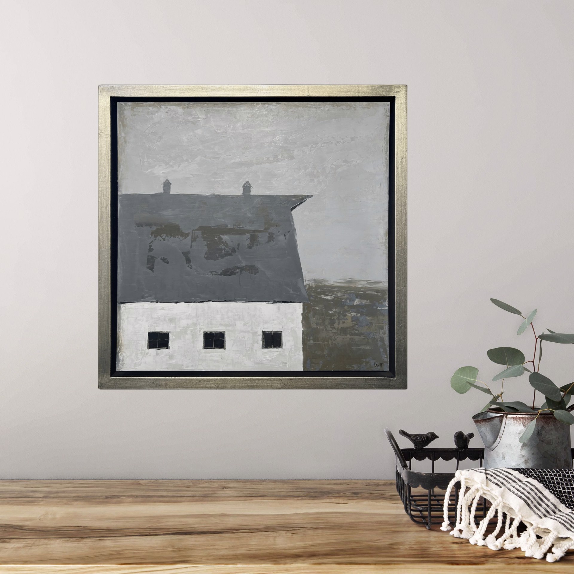 A painting of a white house with a black roof.