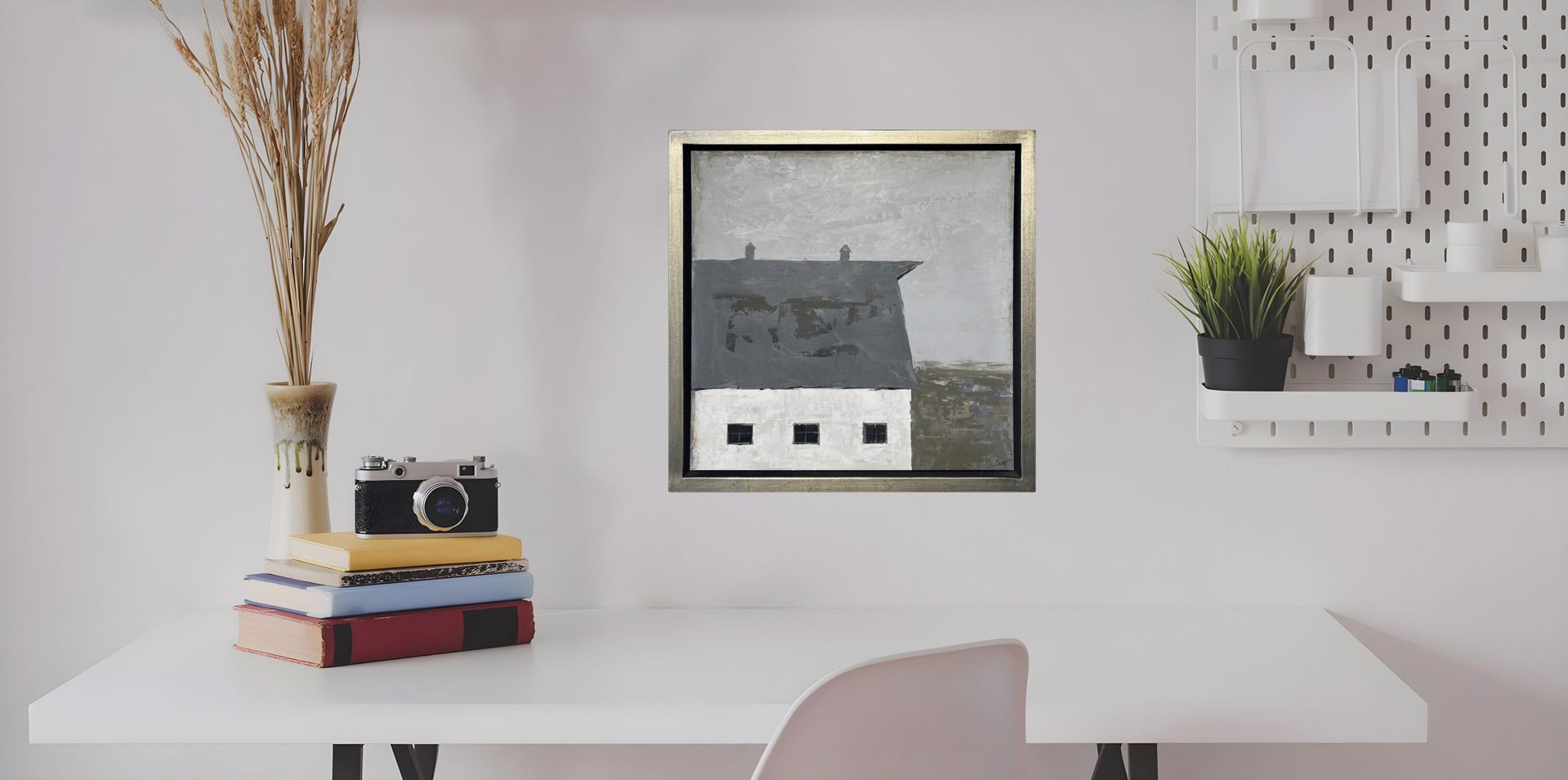 A painting of a white house with a black roof.