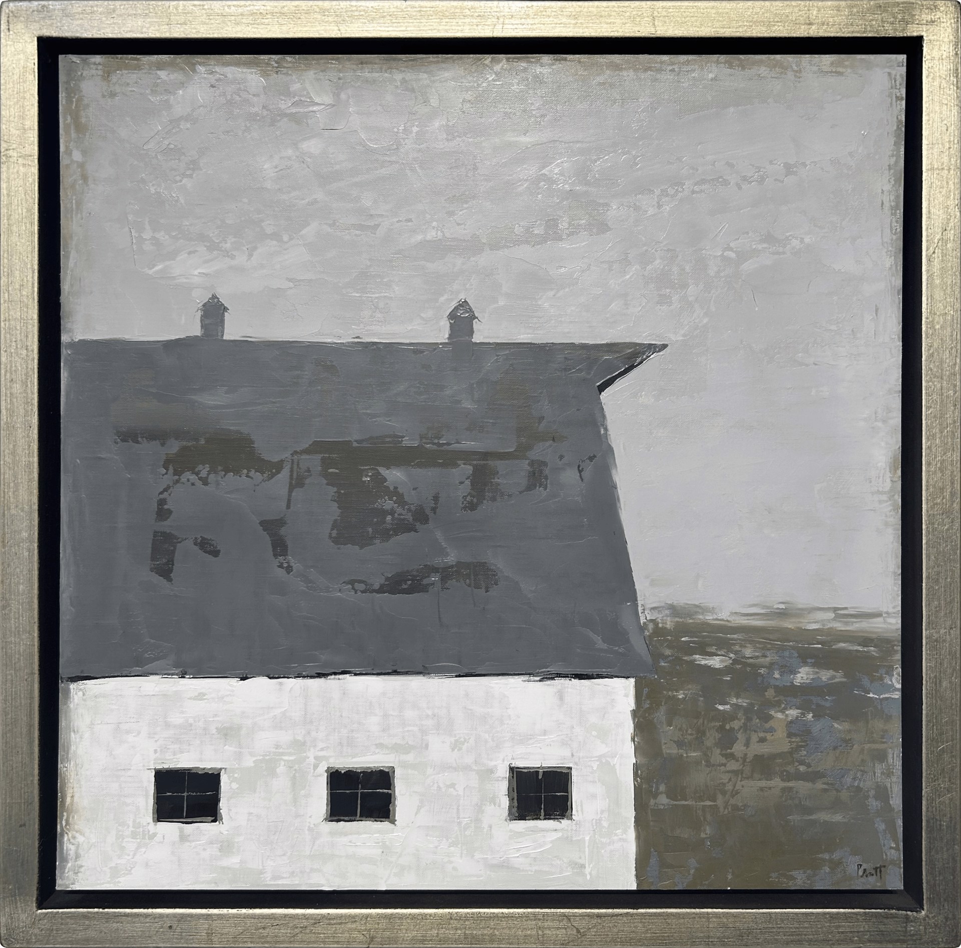A painting of a white house with a black roof.
