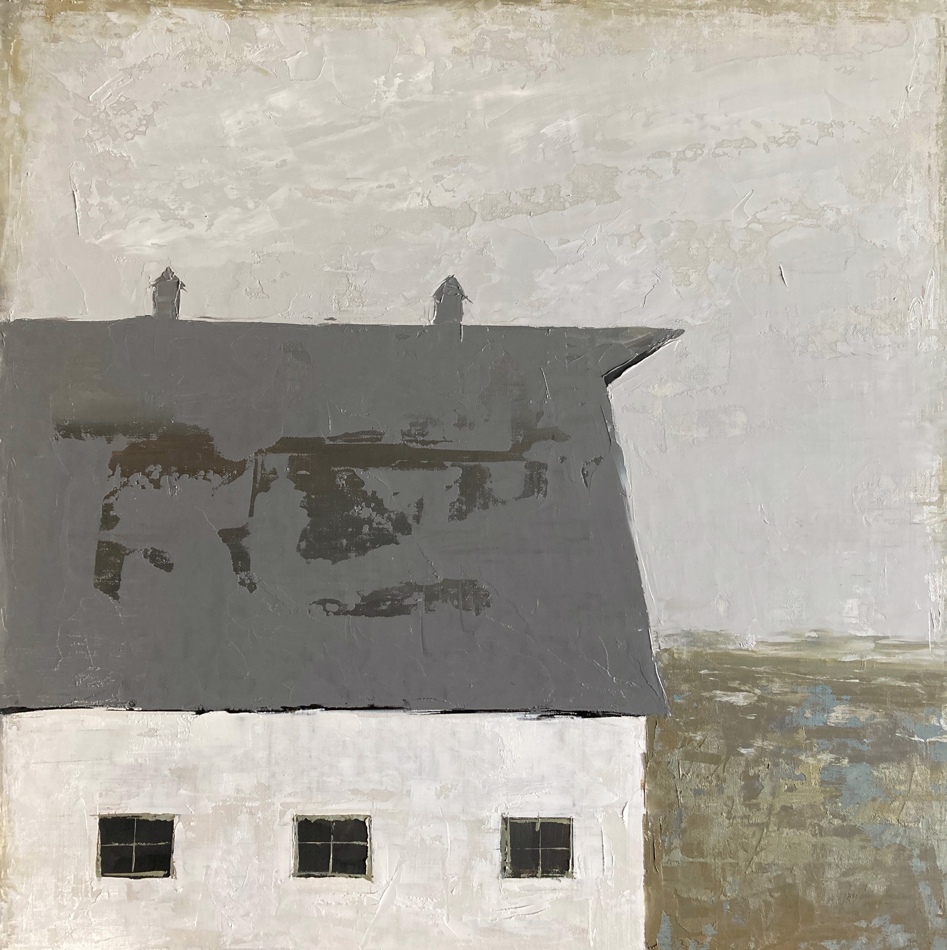A painting of a white house with a black roof.