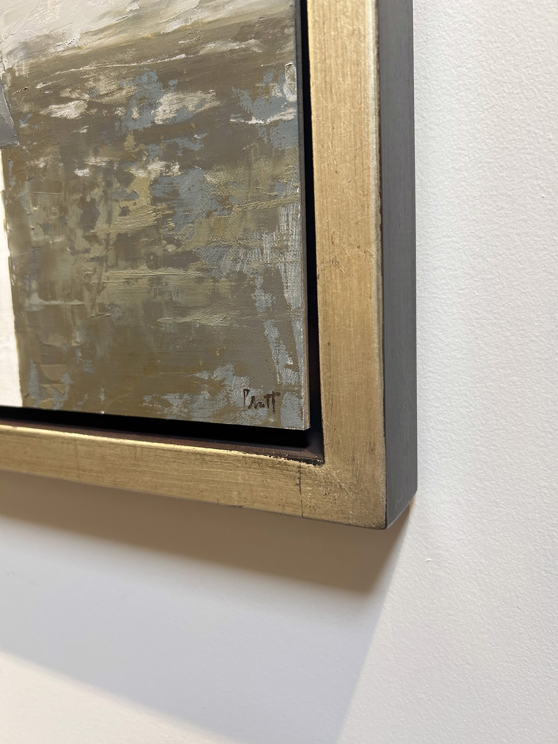 A painting of a white house with a black roof.