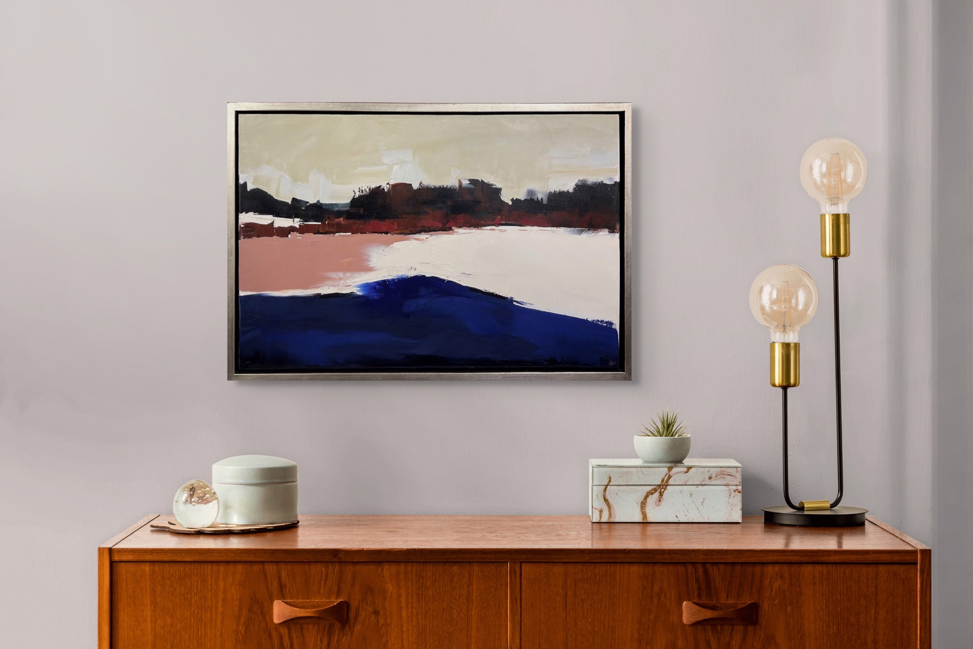 A painting of a landscape with a red, white and blue sky.