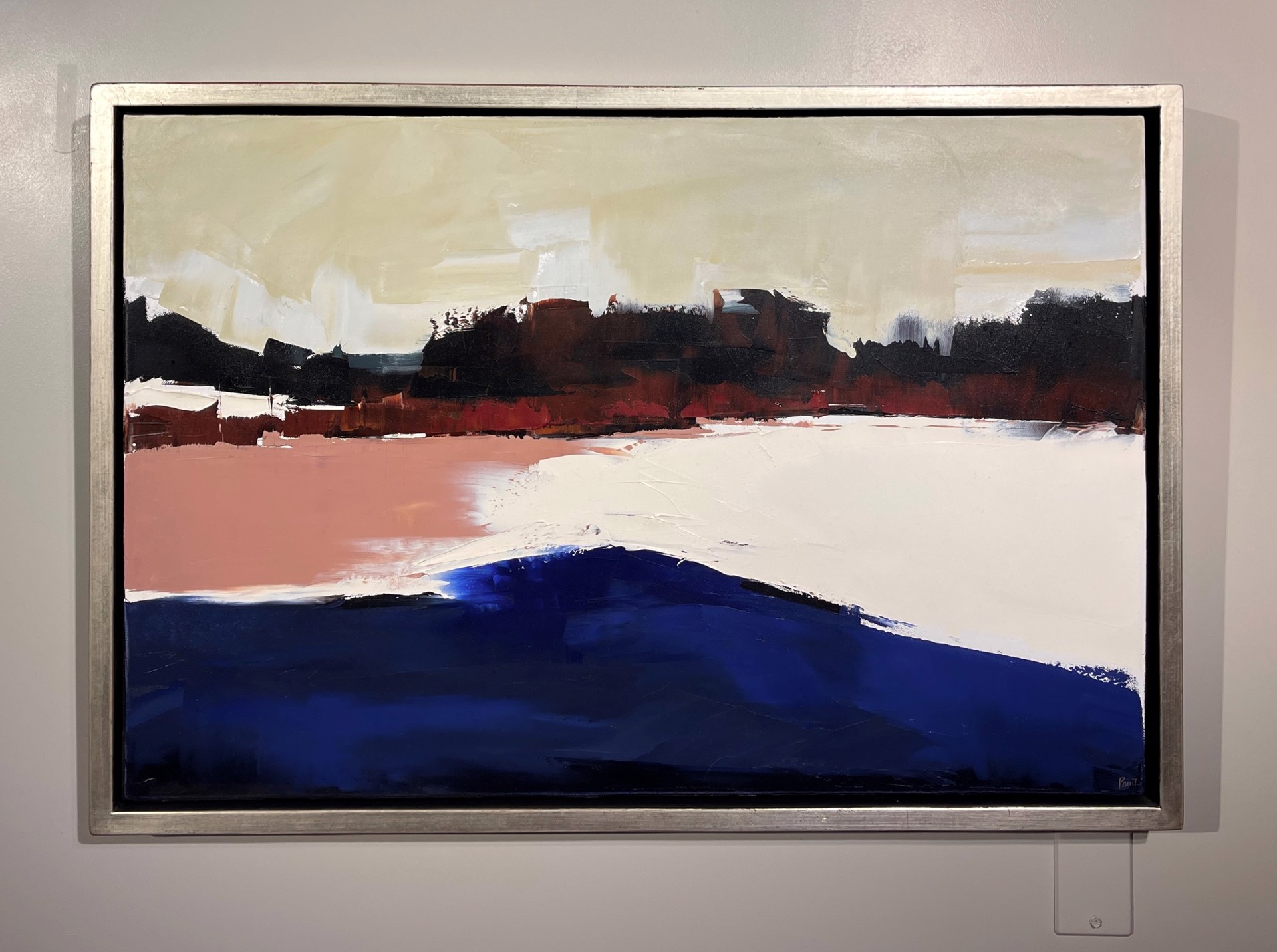 A painting of a landscape with a red, white and blue sky.