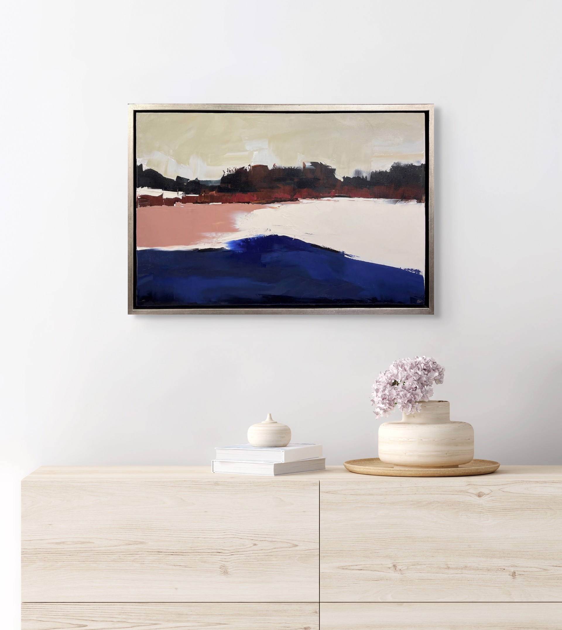 A painting of a landscape with a red, white and blue sky.