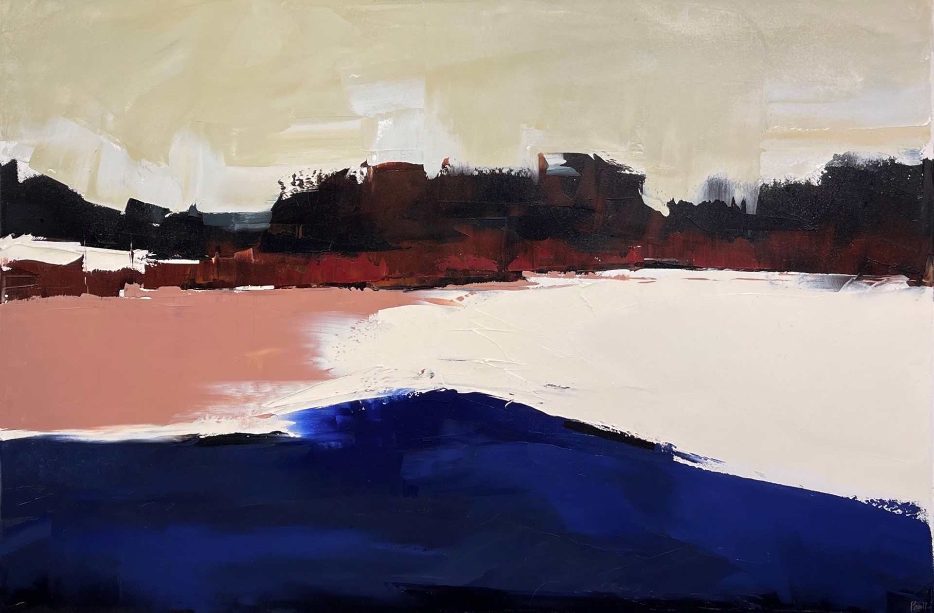 A painting of a landscape with a red, white and blue sky.