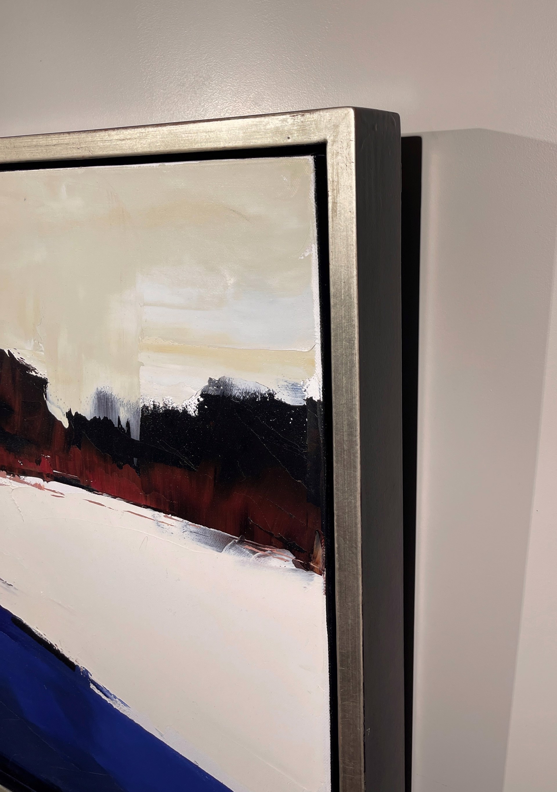 A painting of a landscape with a red, white and blue sky.